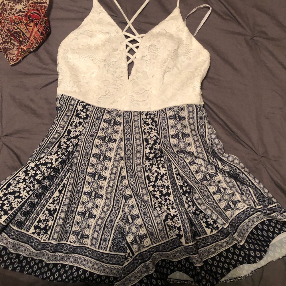 Spaghetti strap white and blue romper